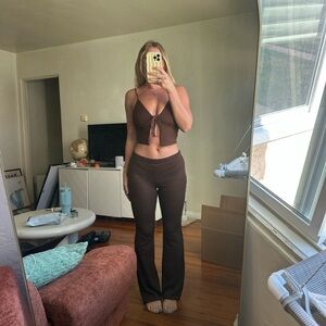 H&M Brown Knit Tie-Front Crop Top & Flare Pants Set